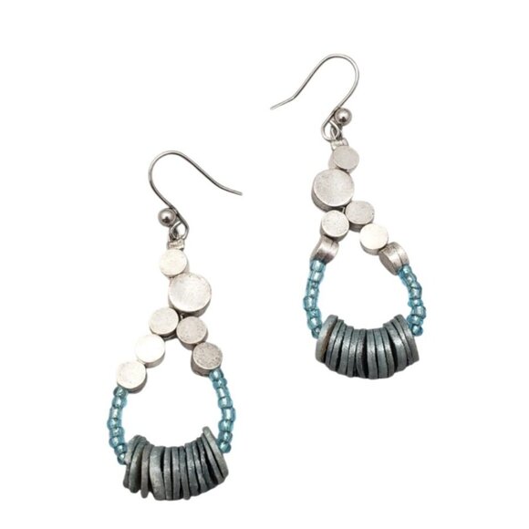 Vintage 1990s Chico’s Silver Teardrop Blue Beaded Dangle Earrings Mixed Metal - Picture 8 of 9